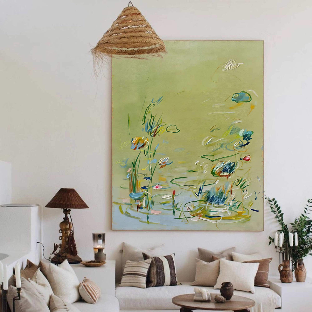 Soft Sage Green Floral Wall Art Abstract Botanical Canvas Painting for Cottage Bedroom Decor