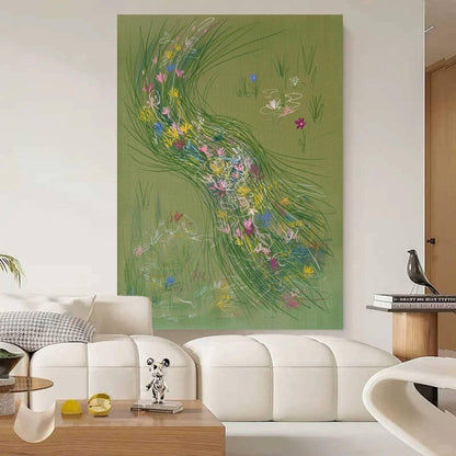 Green Wildflower Stream Wall Art Abstract Meadow Canvas Painting for Cottage Living Room Decor