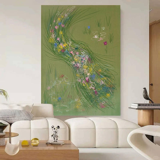Green Wildflower Stream Wall Art Abstract Meadow Canvas Painting for Cottage Living Room Decor