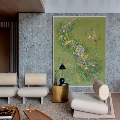 Green Wildflower Stream Wall Art Abstract Meadow Canvas Painting for Cottage Living Room Decor