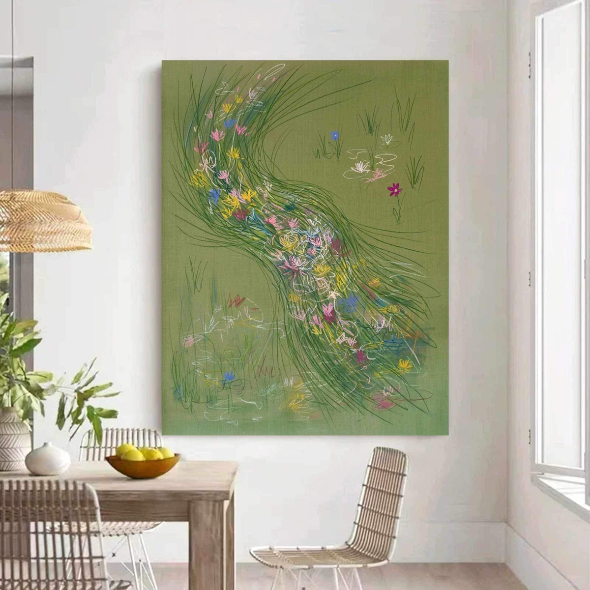 Green Wildflower Stream Wall Art Abstract Meadow Canvas Painting for Cottage Living Room Decor