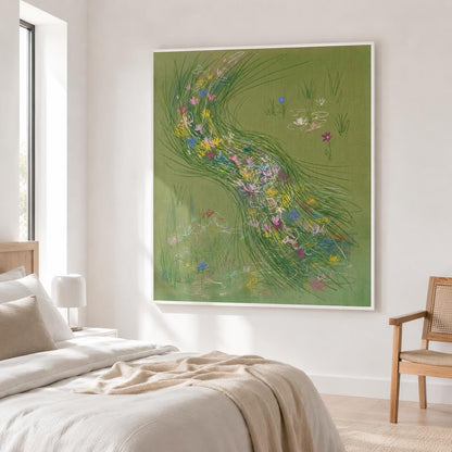 Green Wildflower Stream Wall Art Abstract Meadow Canvas Painting for Cottage Living Room Decor