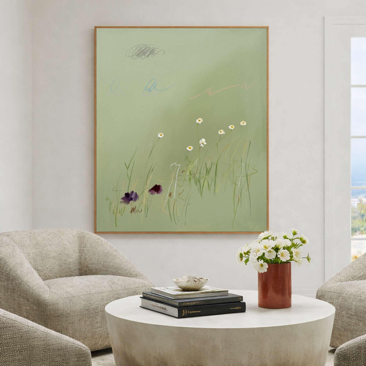 Soft Sage Green Daisy Wall Art Minimal Botanical Canvas Painting for Calm Nursery Decor