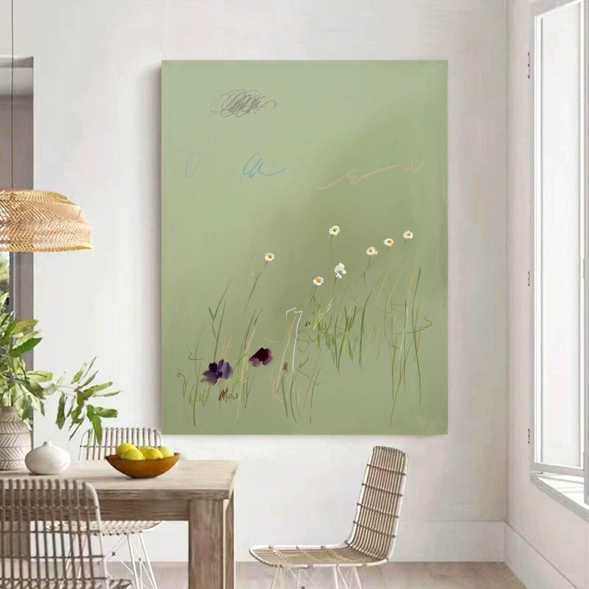 Soft Sage Green Daisy Wall Art Minimal Botanical Canvas Painting for Calm Nursery Decor