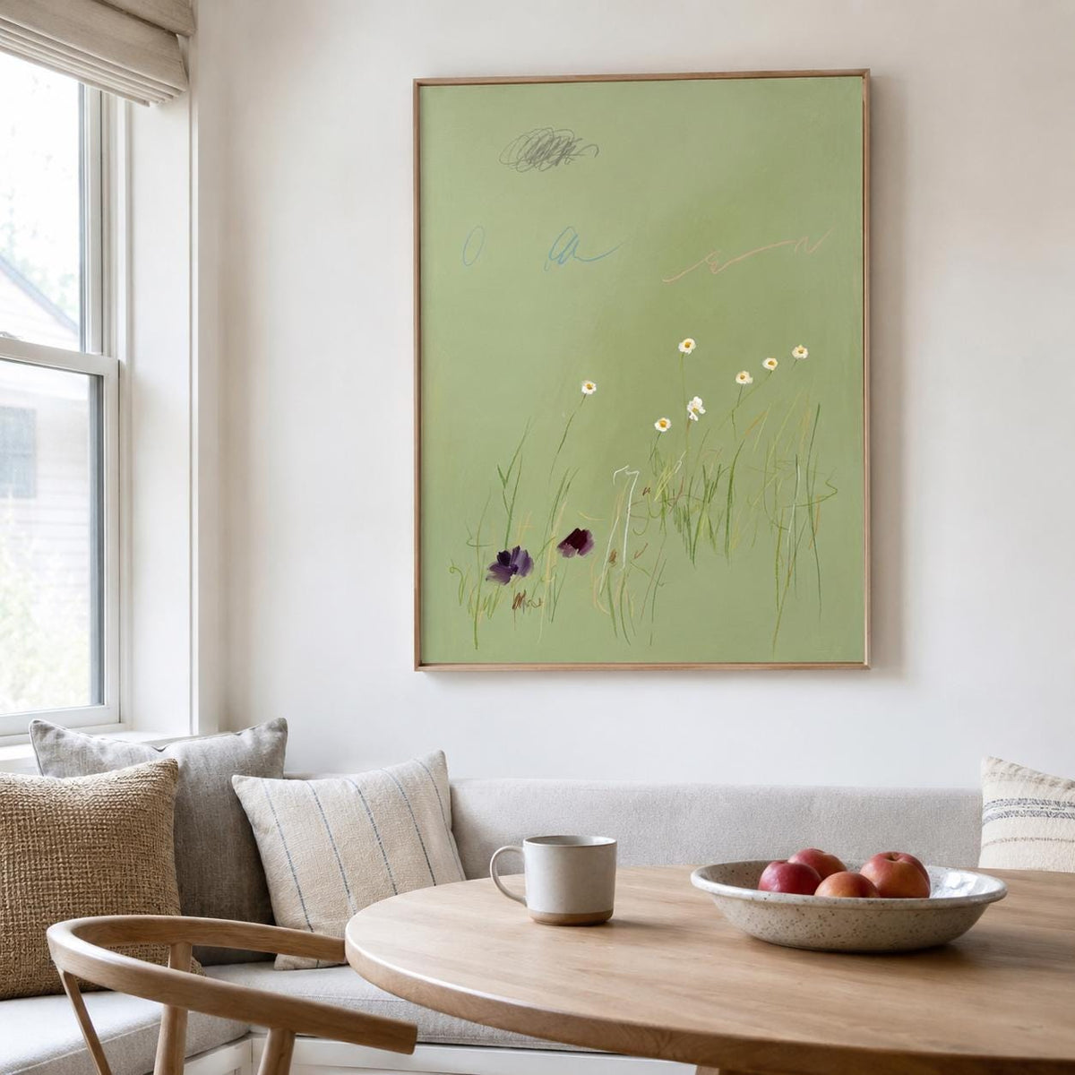 Soft Sage Green Daisy Wall Art Minimal Botanical Canvas Painting for Calm Nursery Decor