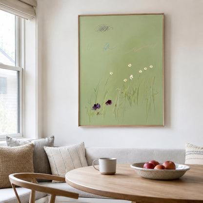 Soft Sage Green Daisy Wall Art Minimal Botanical Canvas Painting for Calm Nursery Decor