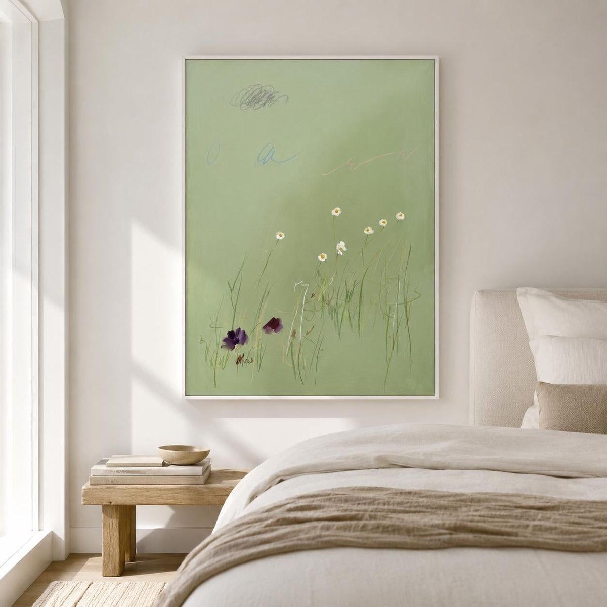 Soft Sage Green Daisy Wall Art Minimal Botanical Canvas Painting for Calm Nursery Decor