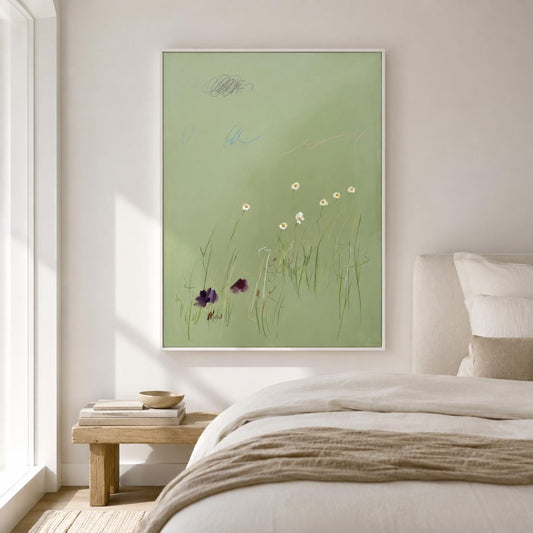 Soft Sage Green Daisy Wall Art Minimal Botanical Canvas Painting for Calm Nursery Decor