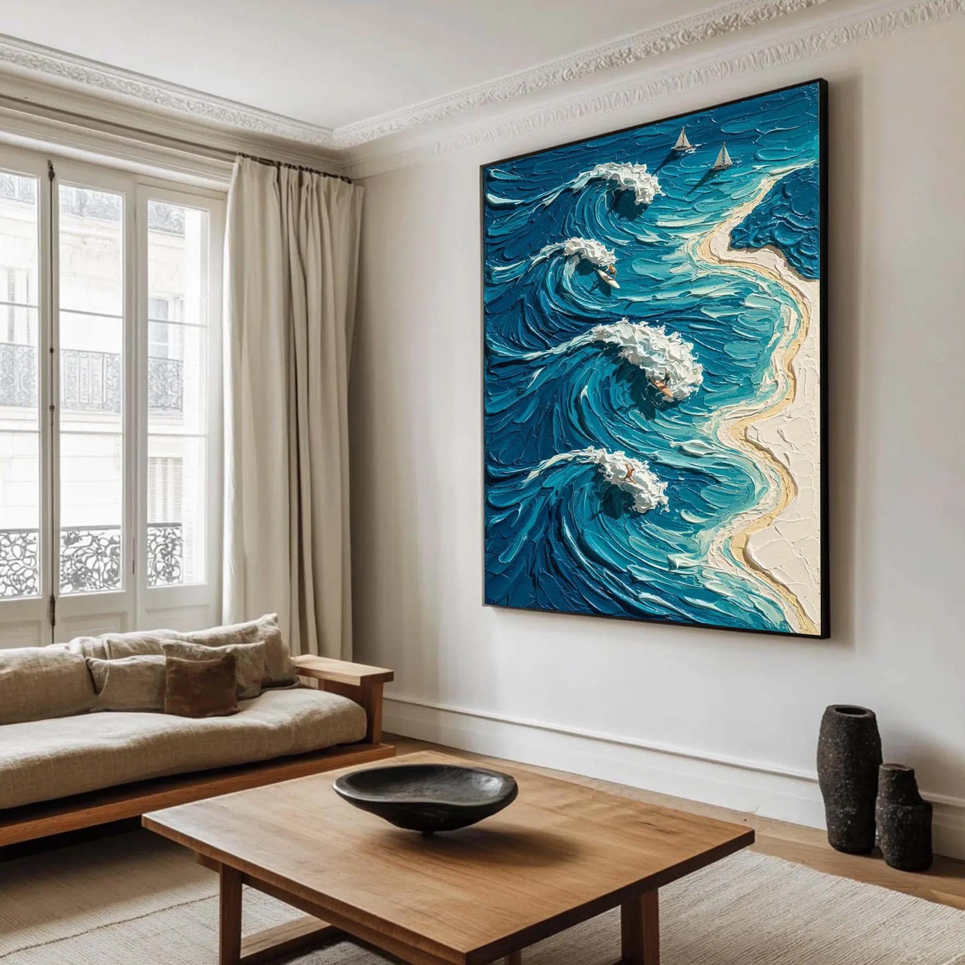 Blue Ocean Surf Canvas - Handmade Acrylic - Coastal Wall Decor - Beach Home Housewarming Gift – Blue and White Beach Seascape