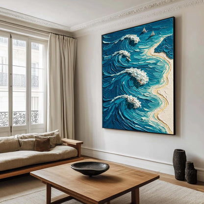 Blue Ocean Surf Canvas - Handmade Acrylic - Coastal Wall Decor - Beach Home Housewarming Gift – Blue and White Beach Seascape