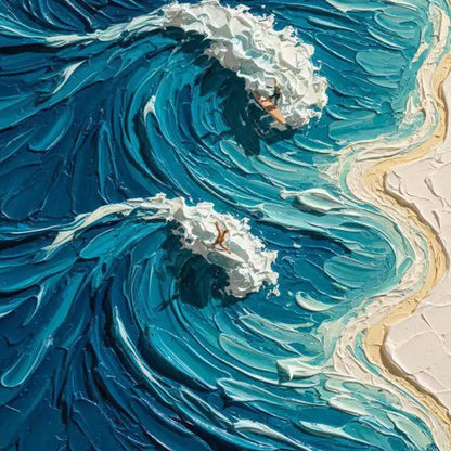 Blue and White Impasto Beach Seascape Wall Art – Crashing Wave Painting
