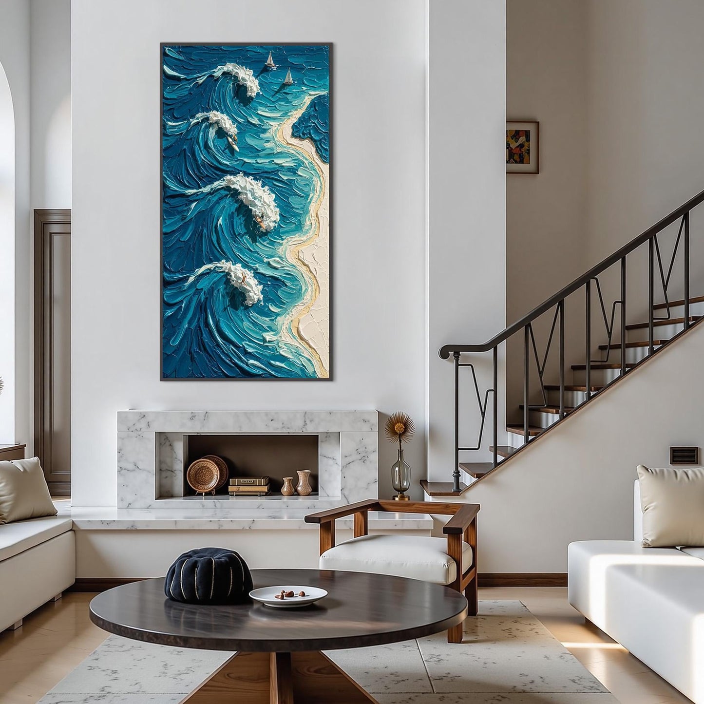 Blue and White Impasto Beach Seascape Wall Art – Crashing Wave Painting