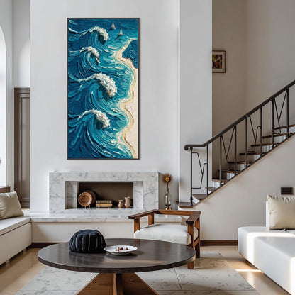 Blue and White Impasto Beach Seascape Wall Art – Crashing Wave Painting