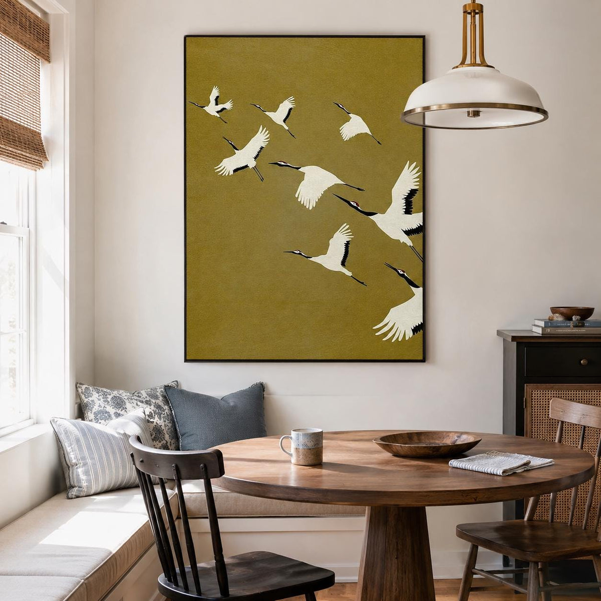 May include: A rectangular wall art print featuring a mustard yellow background with a flock of white cranes in flight. The birds are depicted with black wingtips and long necks, arranged in a diagonal formation across the vertical canvas.