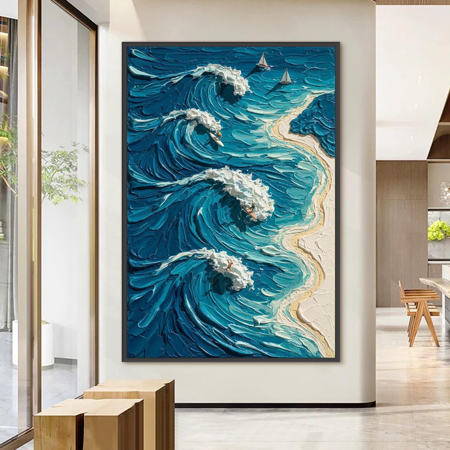 Blue Ocean Surf Canvas - Handmade Acrylic - Coastal Wall Decor - Beach Home Housewarming Gift – Blue and White Beach Seascape