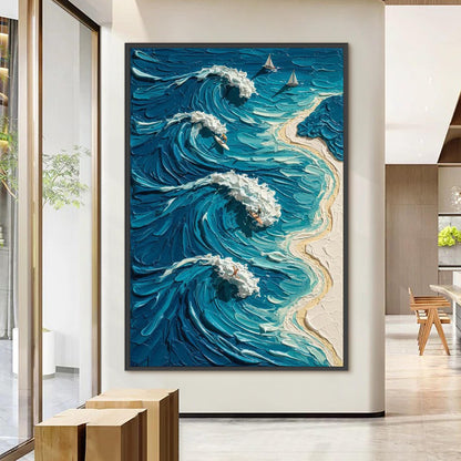 Blue Ocean Surf Canvas - Handmade Acrylic - Coastal Wall Decor - Beach Home Housewarming Gift – Blue and White Beach Seascape