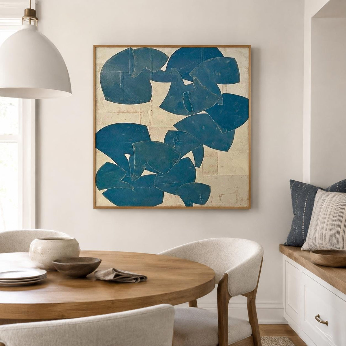 Blue Beige Cutout Shape Wall Art Abstract Textured Canvas Painting for Modern Bedroom Decor