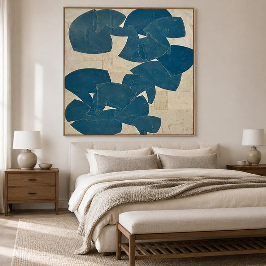 Blue Beige Cutout Shape Wall Art Abstract Textured Canvas Painting for Modern Bedroom Decor