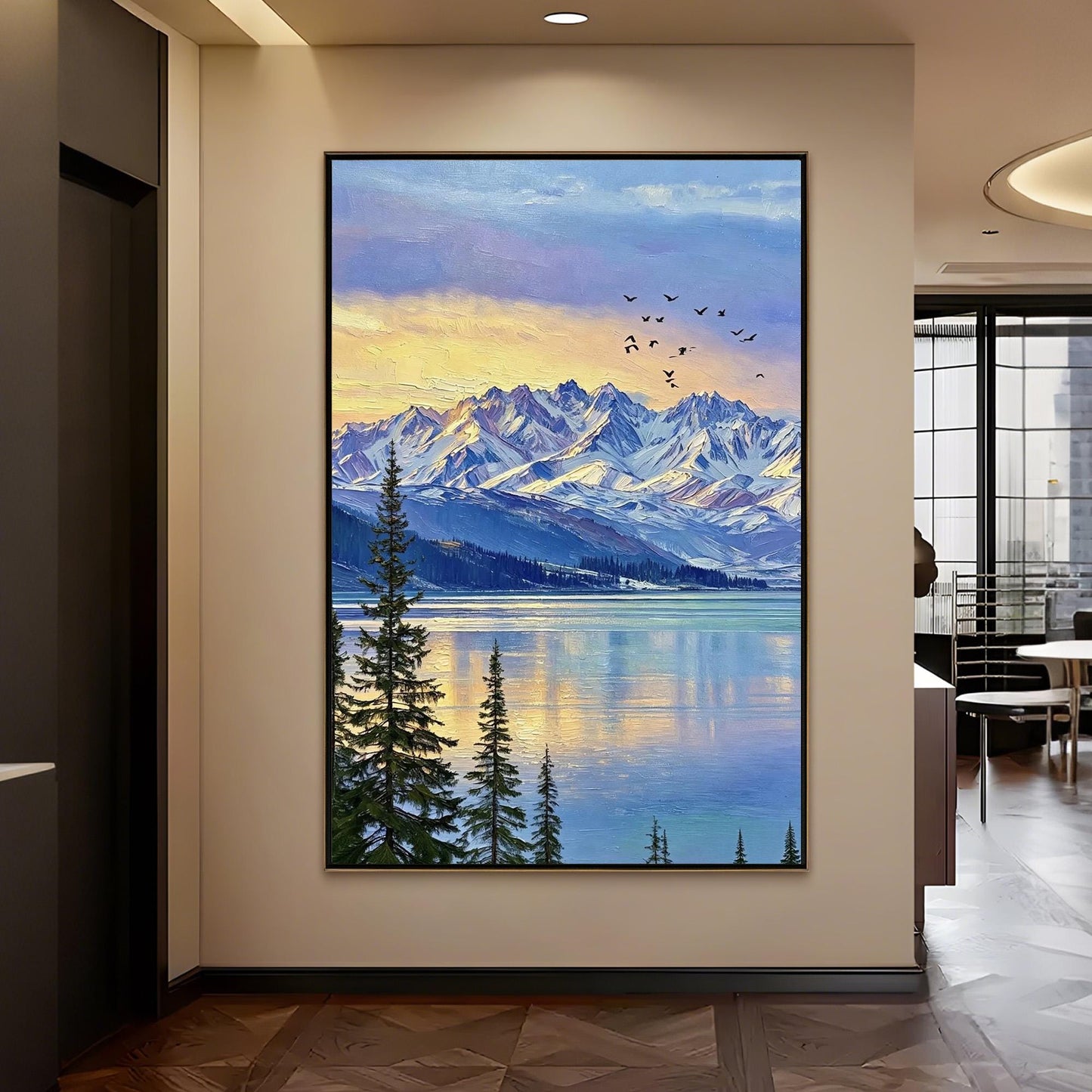 Snowy Mountain Lake at Sunset 3D Texture Wall Art – Blue and Amber Impasto Oil Painting