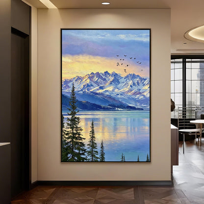 Snowy Mountain Lake at Sunset 3D Texture Wall Art – Blue and Amber Impasto Oil Painting