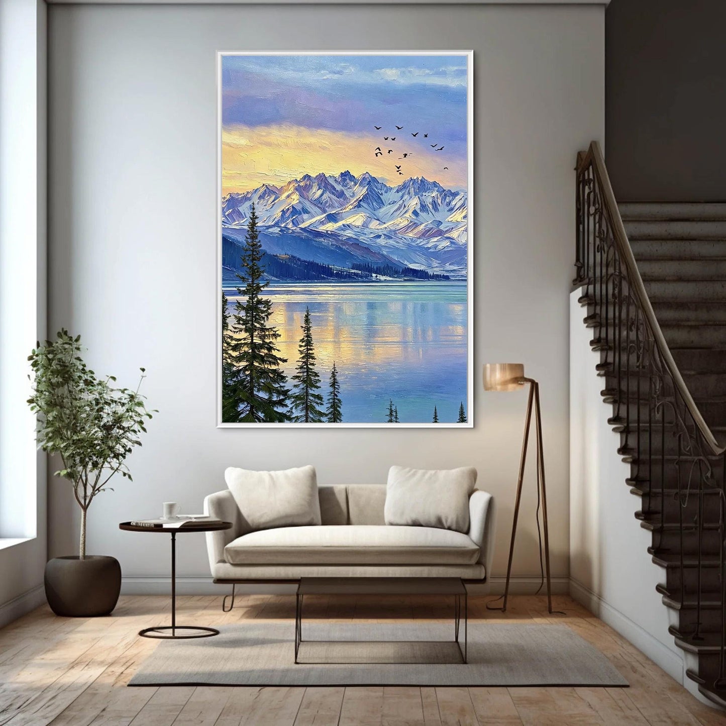 Snowy Mountain Lake at Sunset 3D Texture Wall Art – Blue and Amber Impasto Oil Painting