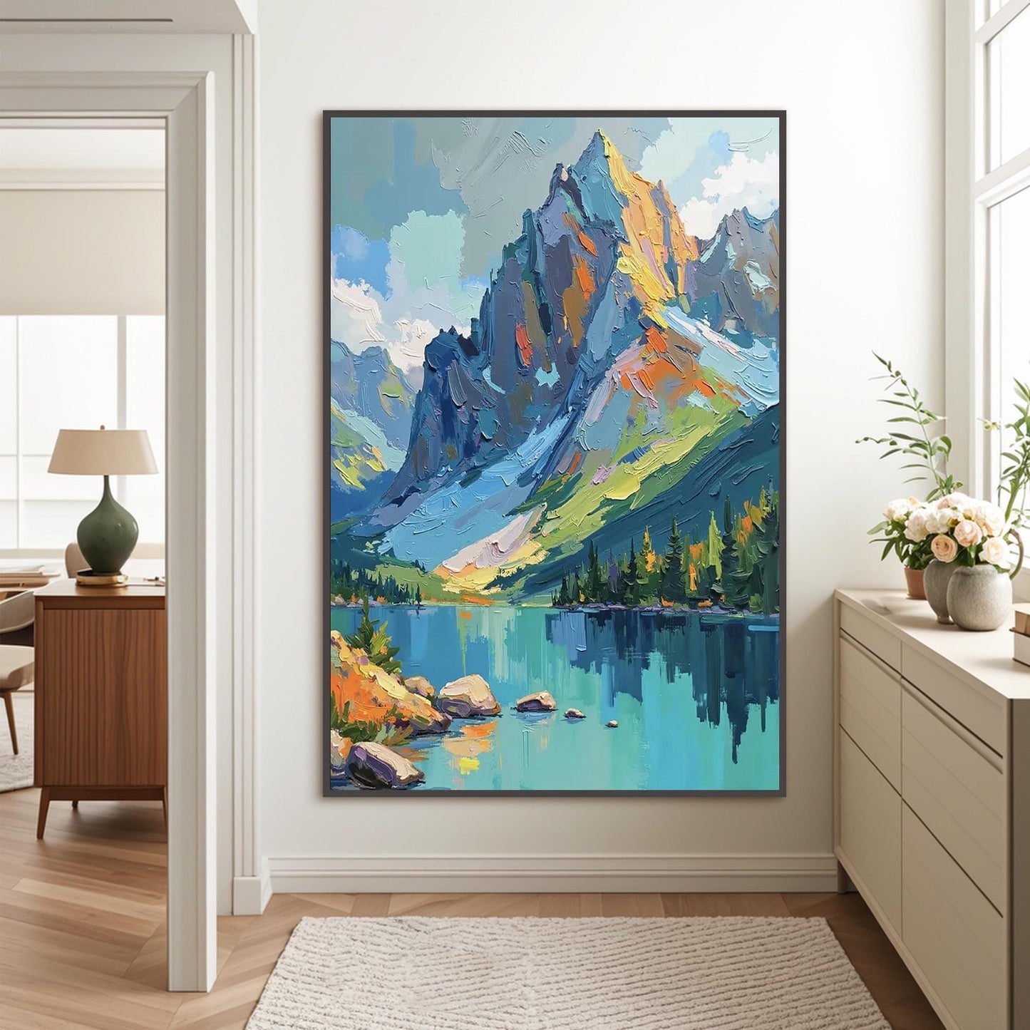 Colorful Impasto Mountain Lake Oil Painting – Landscape Wall Art
