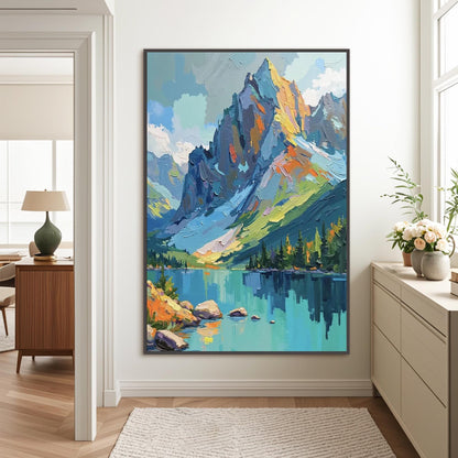 Colorful Impasto Mountain Lake Oil Painting – Landscape Wall Art
