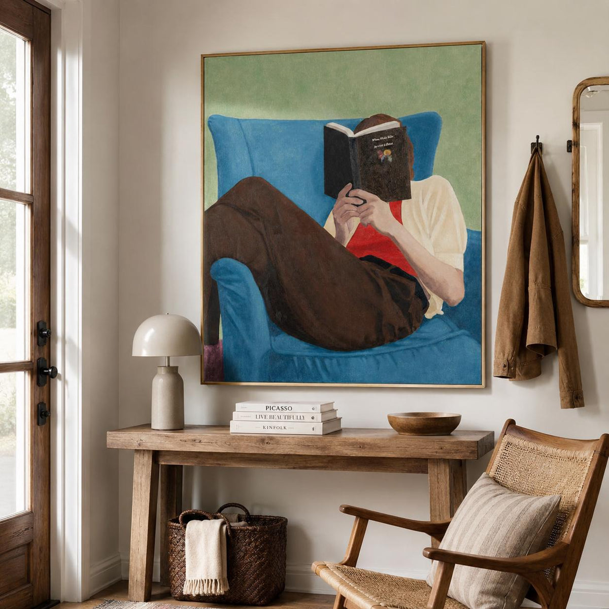 Book Lover Wall Art Blue Chair Figure Canvas Painting for Cozy Modern Bedroom Decor