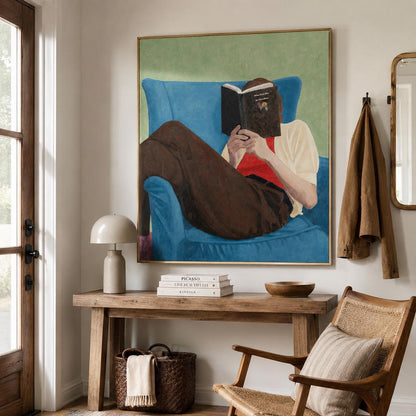 Book Lover Wall Art Blue Chair Figure Canvas Painting for Cozy Modern Bedroom Decor