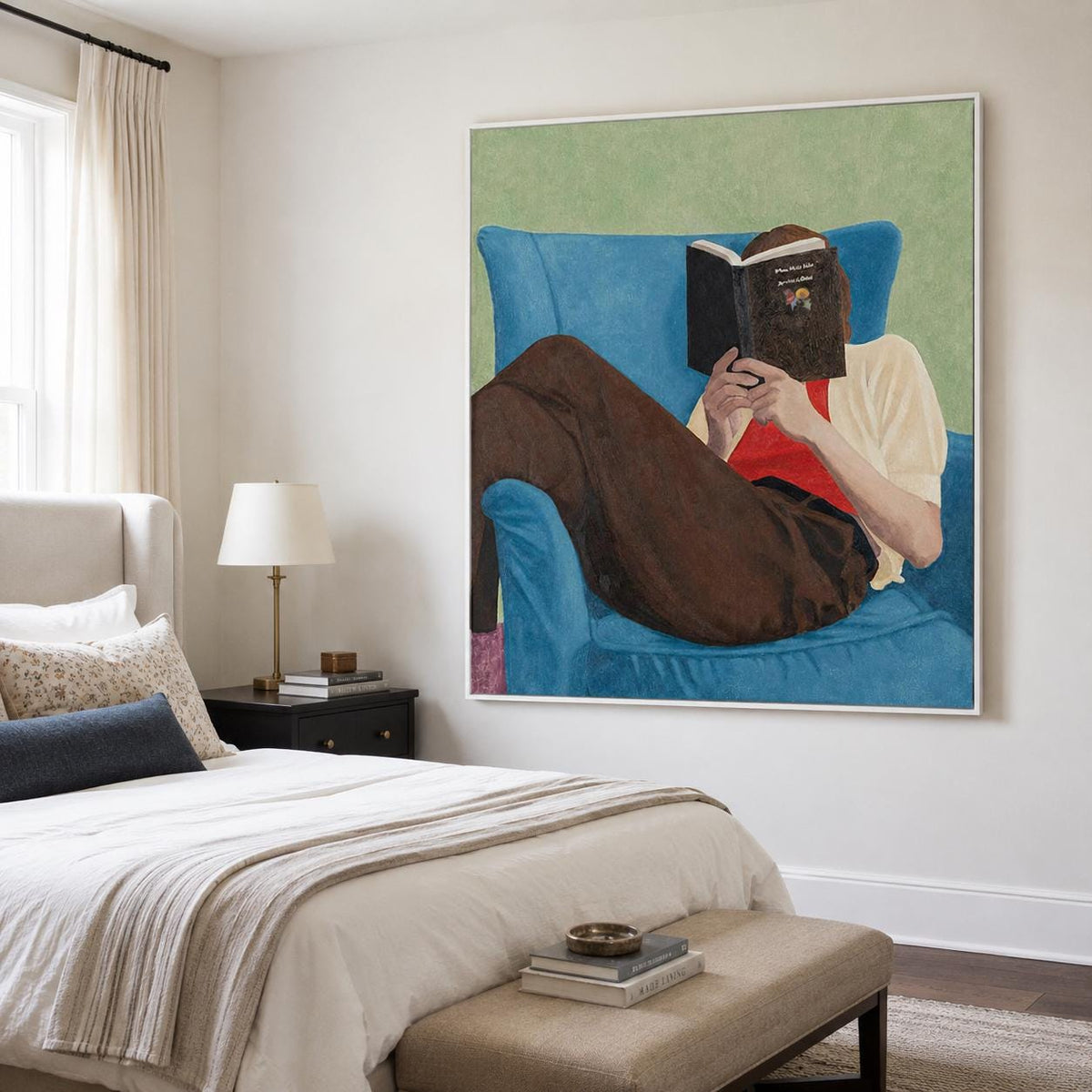 Book Lover Wall Art Blue Chair Figure Canvas Painting for Cozy Modern Bedroom Decor