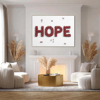 Red Crowd Typography Minimalist Wall Art – People Forming HOPE Oil Painting