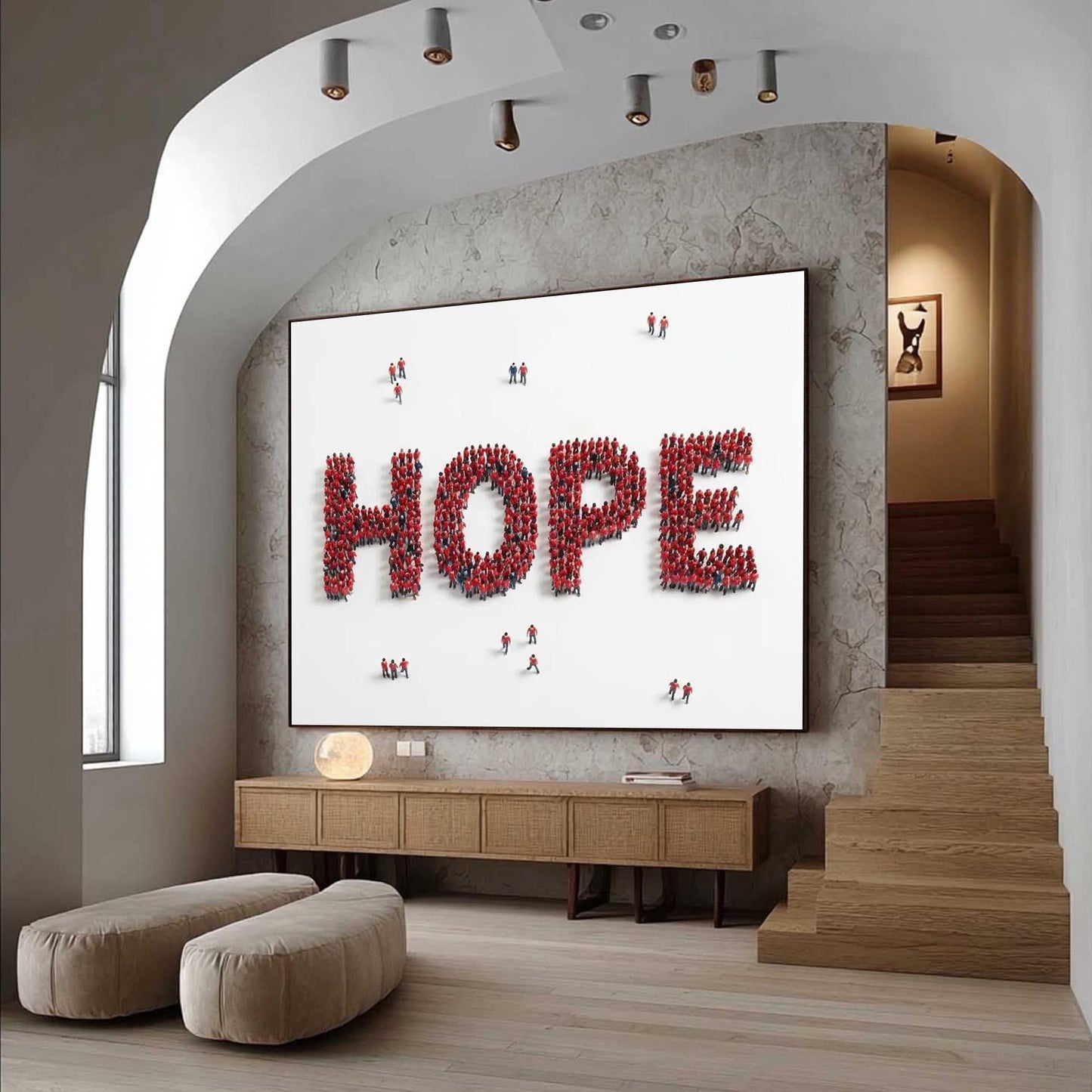 Red Crowd Typography Minimalist Wall Art – People Forming HOPE Oil Painting