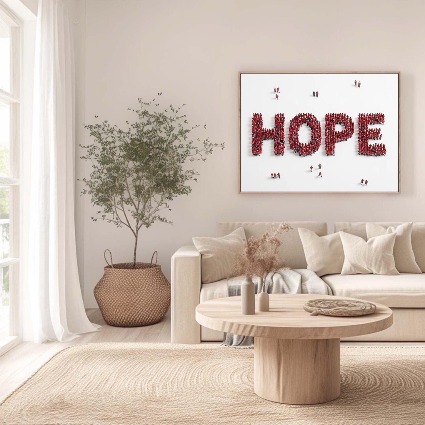 Red Crowd Typography Minimalist Wall Art – People Forming HOPE Oil Painting