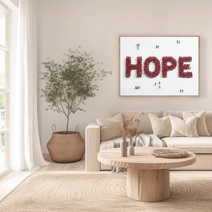 Red Crowd Typography Minimalist Wall Art – People Forming HOPE Oil Painting