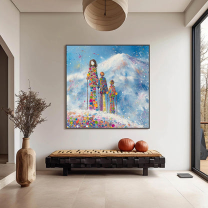 Colorful Impasto Alpine Mountain Wall Art – Ski Family Acrylic Painting