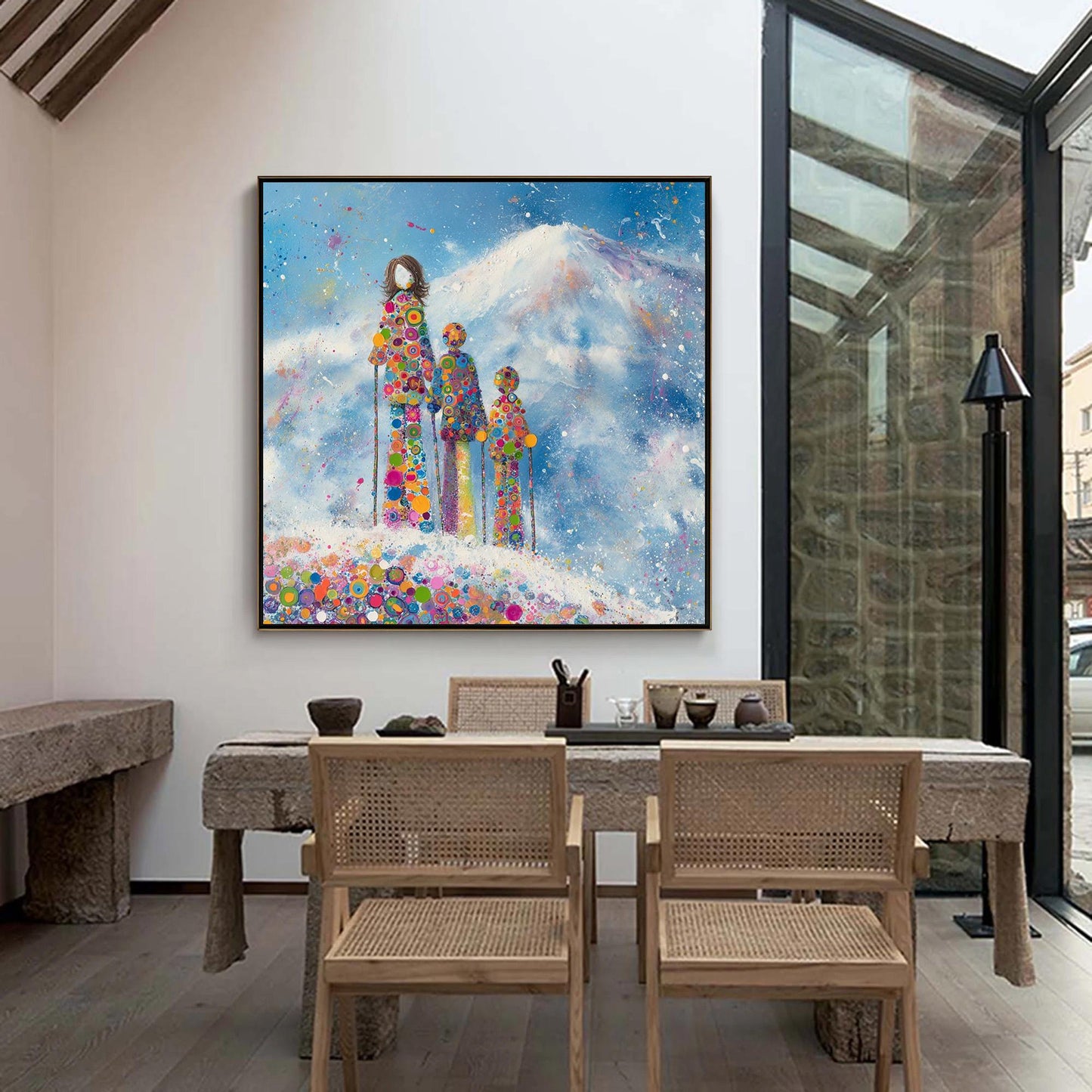 Colorful Impasto Alpine Mountain Wall Art – Ski Family Acrylic Painting