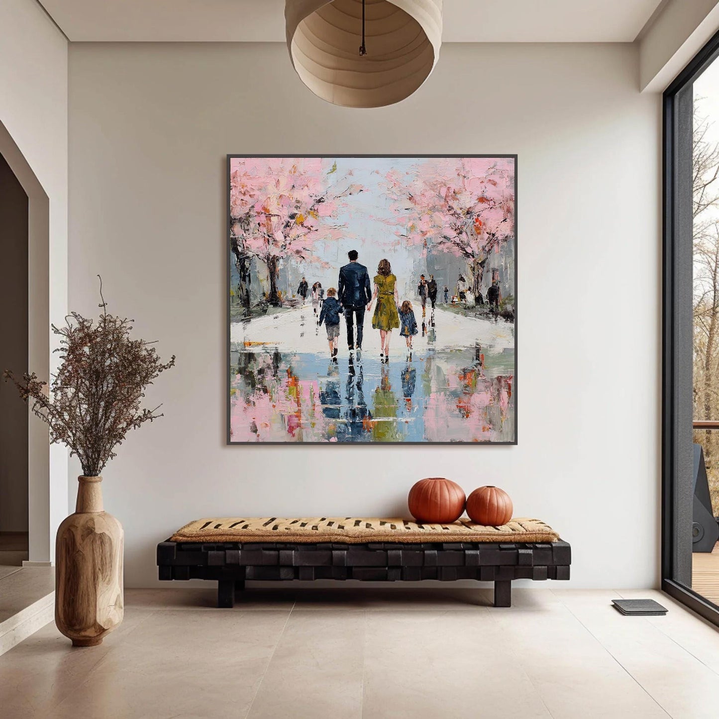 Rainy Street Canvas Art - Handmade Acrylic - Spring Wall Decor - Love Home Housewarming Gift – Pink Cherry Blossom Floral Wal