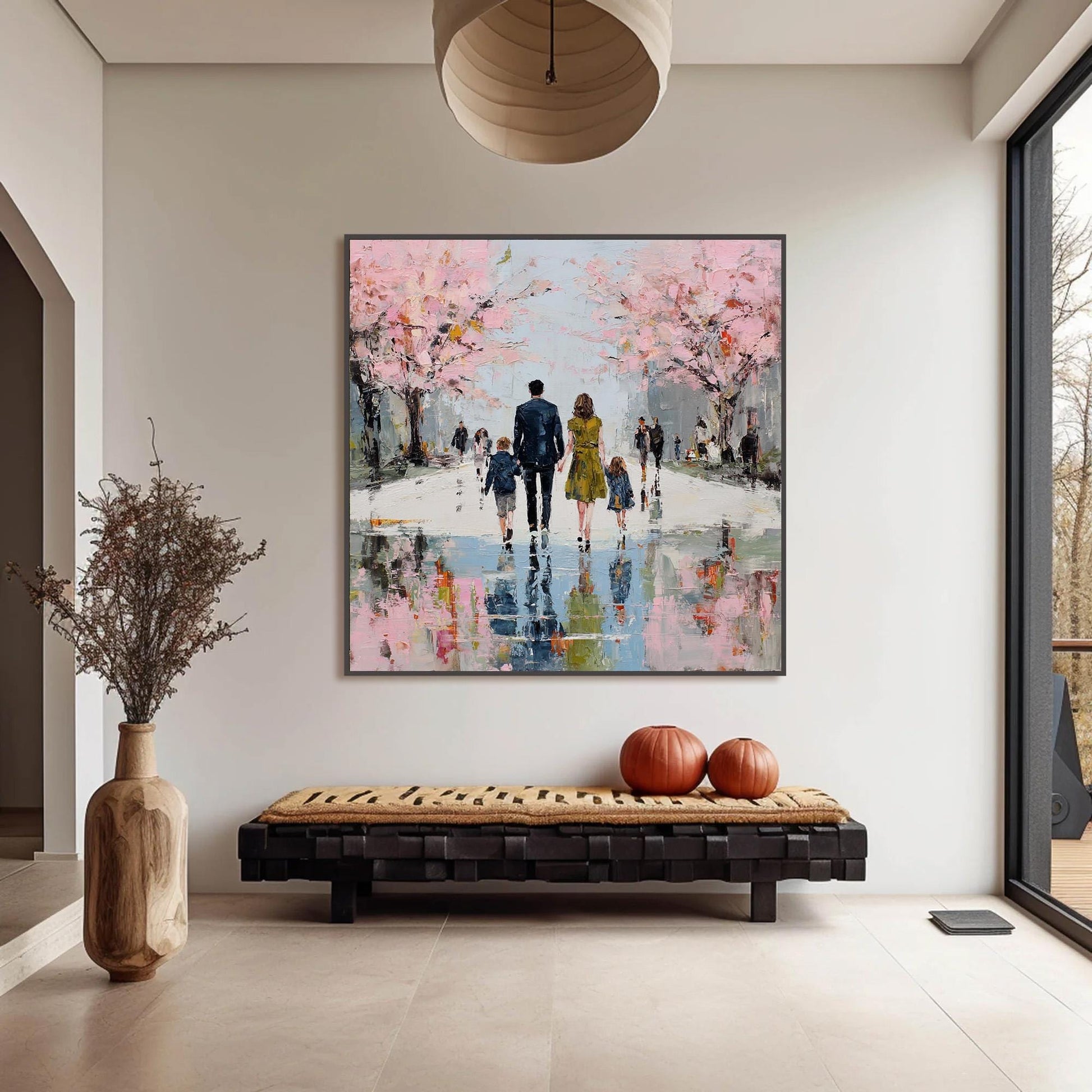 Rainy Street Canvas Art - Handmade Acrylic - Spring Wall Decor - Love Home Housewarming Gift – Pink Cherry Blossom Floral Wal