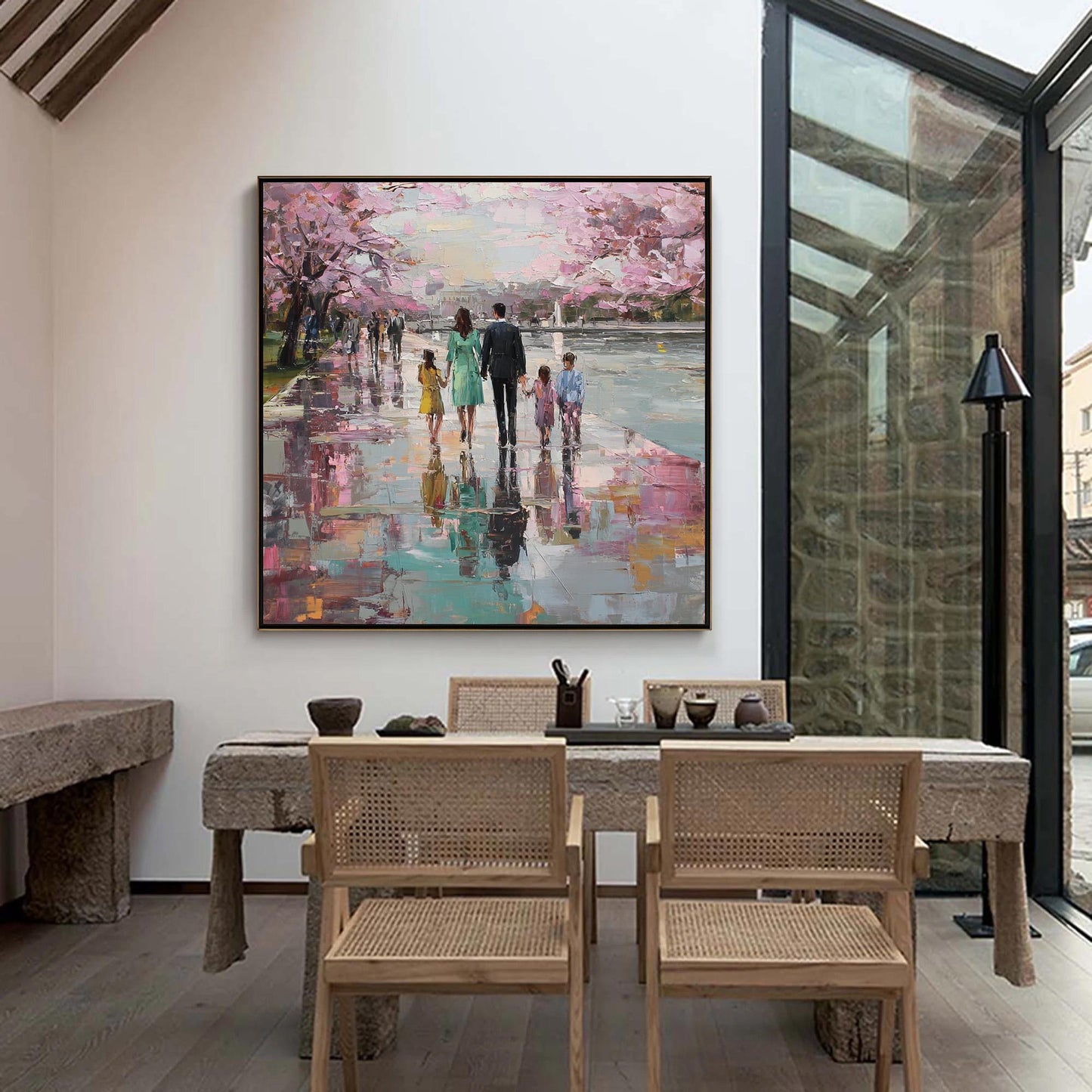 Rain Reflection Canvas - Handmade Acrylic - Spring Wall Decor - Elegant Home Housewarming Gift – Cherry Blossom Floral Wall A