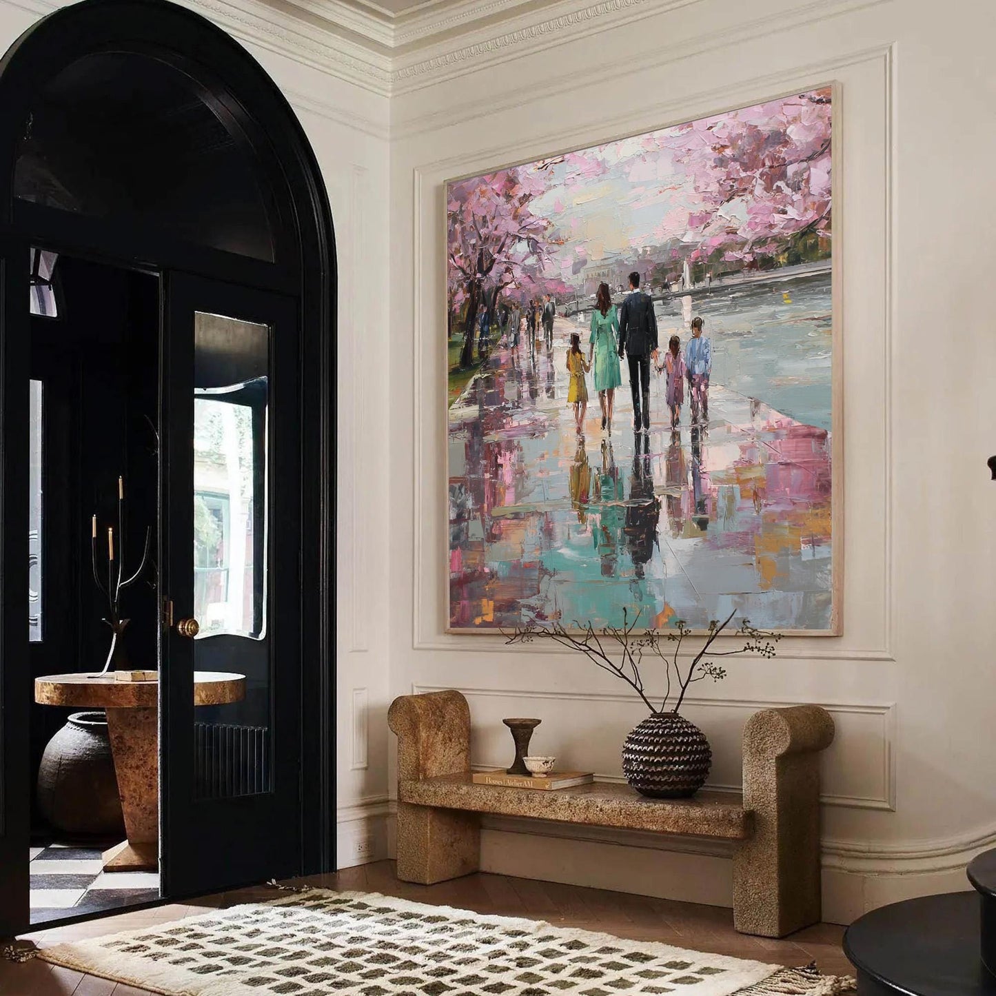 Impressionist Palette Knife Cherry Blossom Floral Wall Art – Rain Reflection Canvas - Handmade Acrylic - Spring Wall Decor - Elegant Home Housewarming Gift