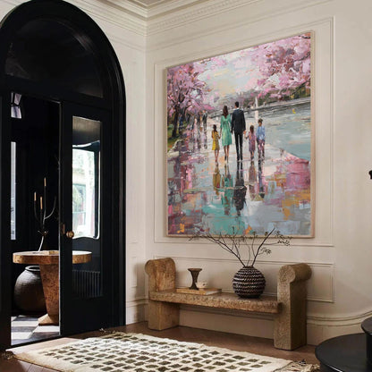 Impressionist Palette Knife Cherry Blossom Floral Wall Art – Rain Reflection Canvas - Handmade Acrylic - Spring Wall Decor - Elegant Home Housewarming Gift