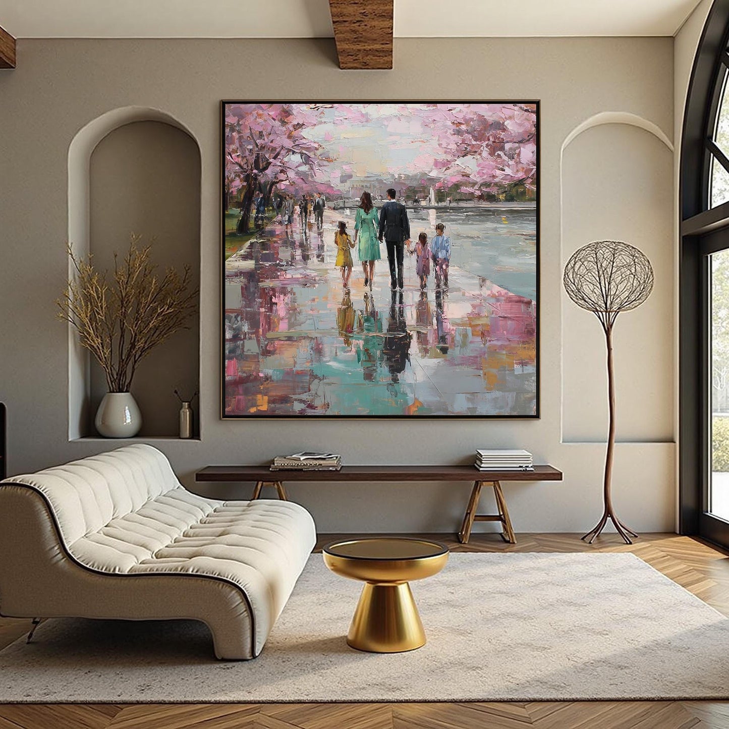 Rain Reflection Canvas - Handmade Acrylic - Spring Wall Decor - Elegant Home Housewarming Gift – Cherry Blossom Floral Wall A