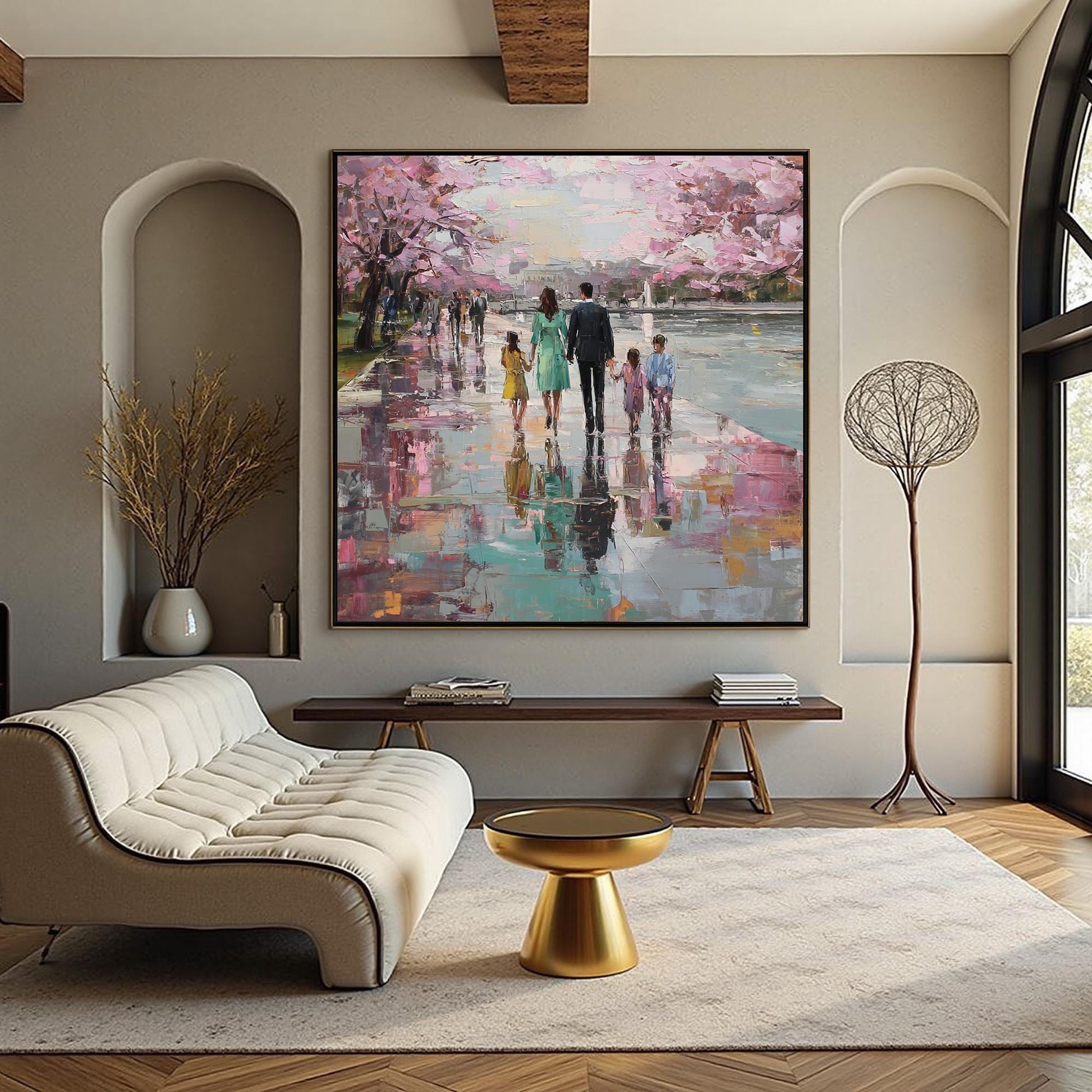 Rain Reflection Canvas - Handmade Acrylic - Spring Wall Decor - Elegant Home Housewarming Gift – Cherry Blossom Floral Wall A