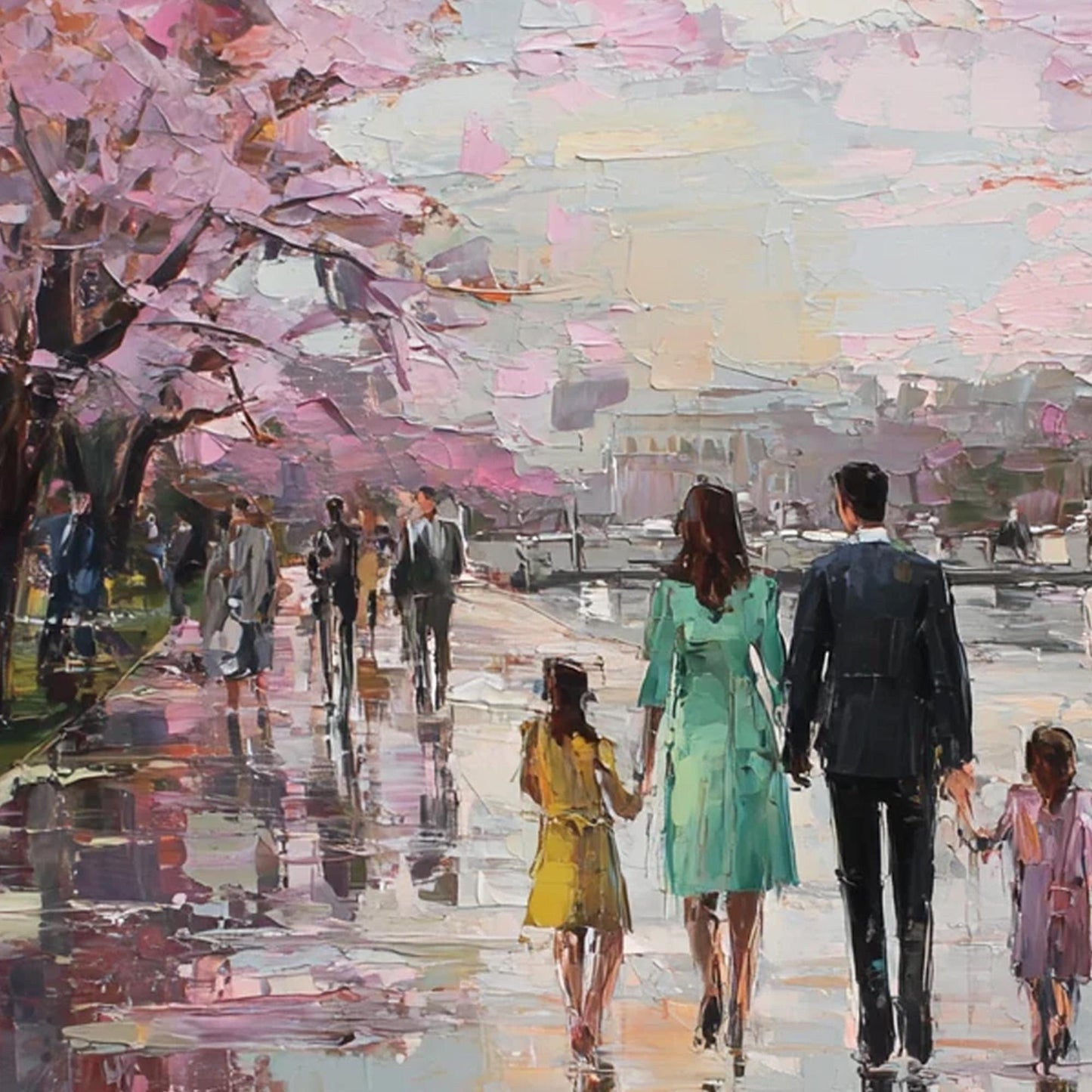 Impressionist Palette Knife Cherry Blossom Floral Wall Art – Rain Reflection Canvas - Handmade Acrylic - Spring Wall Decor - Elegant Home Housewarming Gift