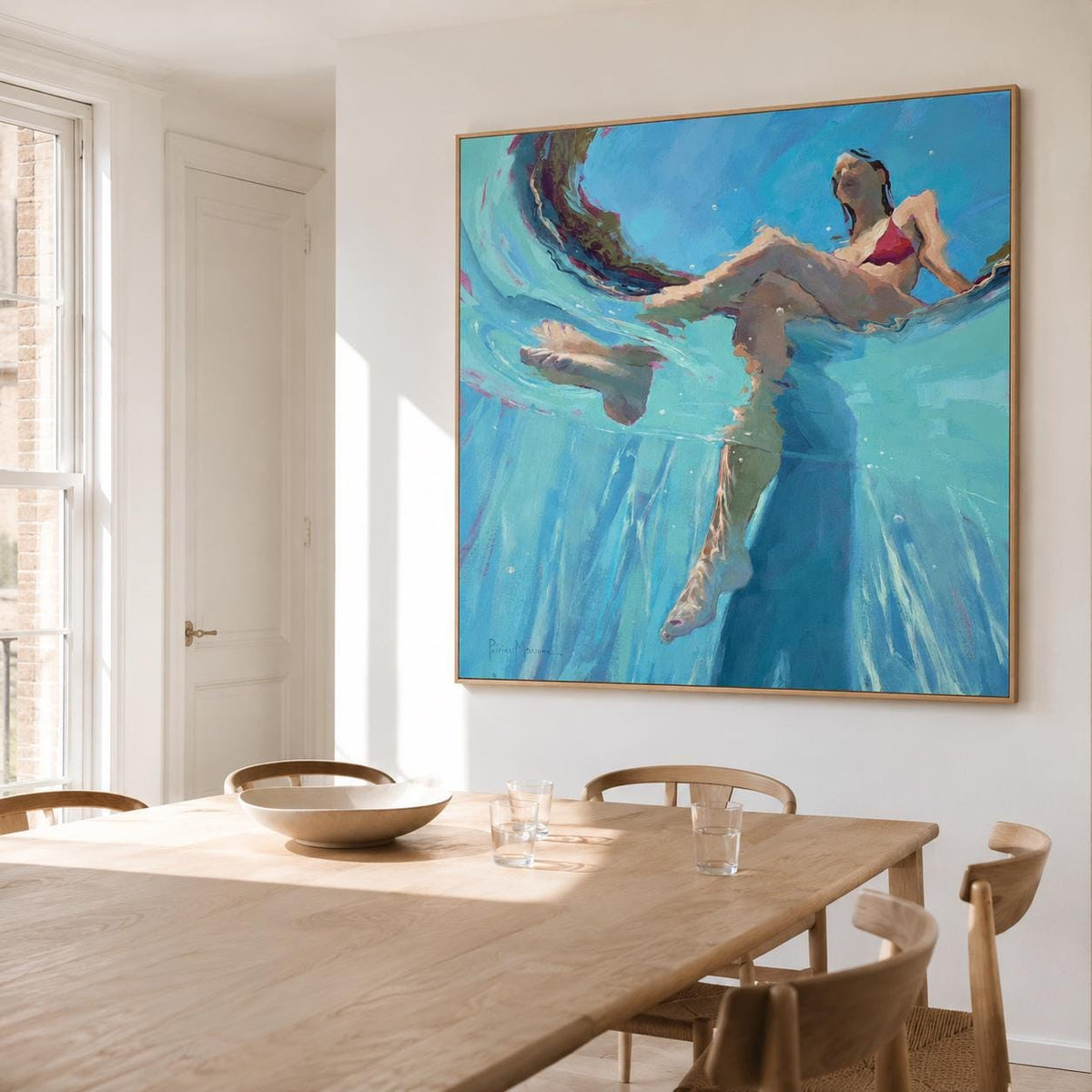 Underwater Swimmer Figure Wall Art Turquoise Blue Pool Canvas Painting for Modern Bathroom Decor