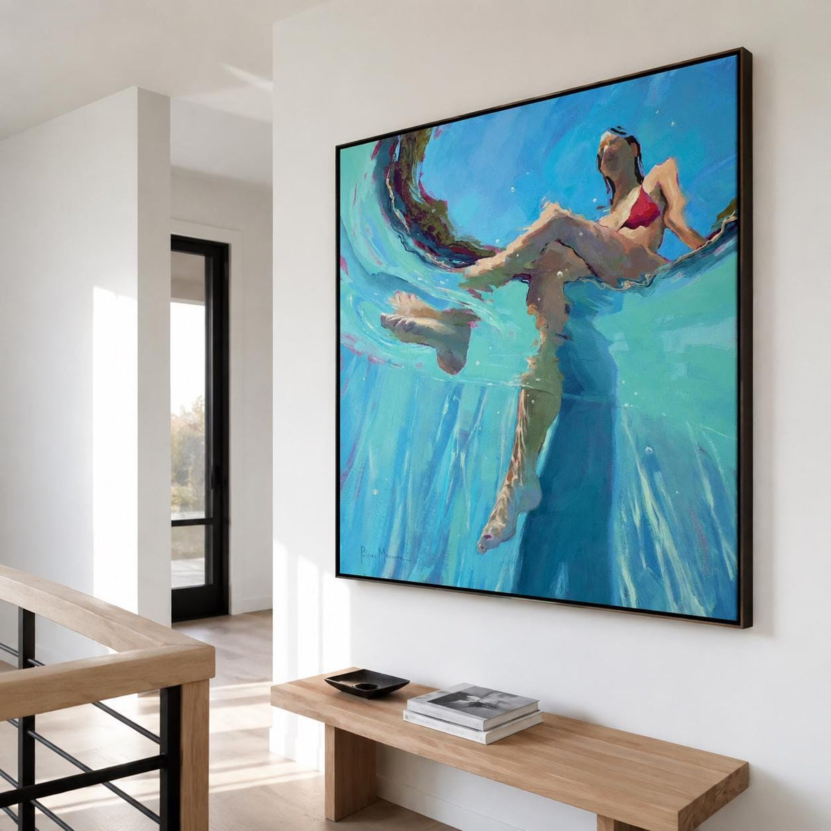 Underwater Swimmer Figure Wall Art Turquoise Blue Pool Canvas Painting for Modern Bathroom Decor