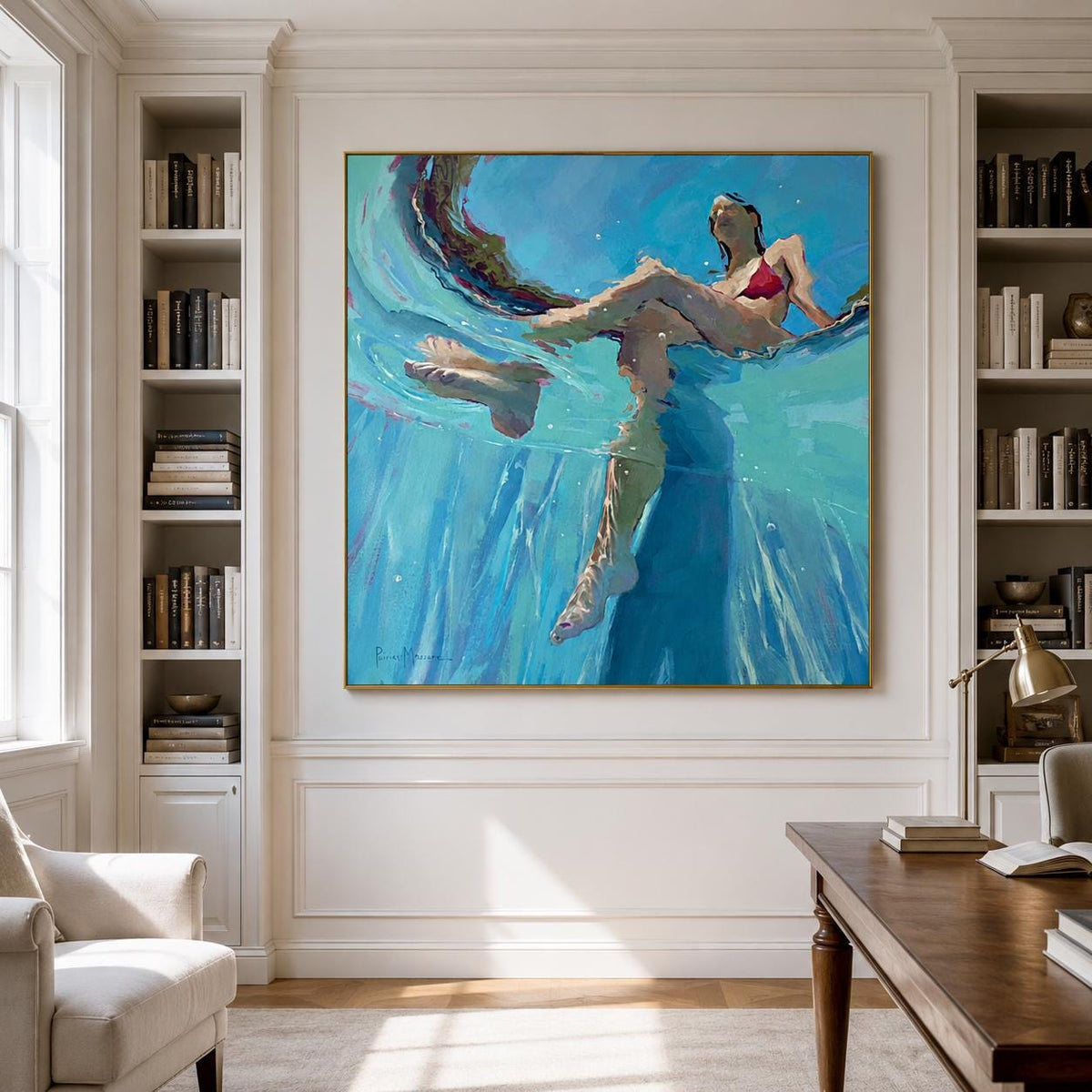 Underwater Swimmer Figure Wall Art Turquoise Blue Pool Canvas Painting for Modern Bathroom Decor