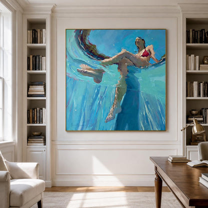 Underwater Swimmer Figure Wall Art Turquoise Blue Pool Canvas Painting for Modern Bathroom Decor