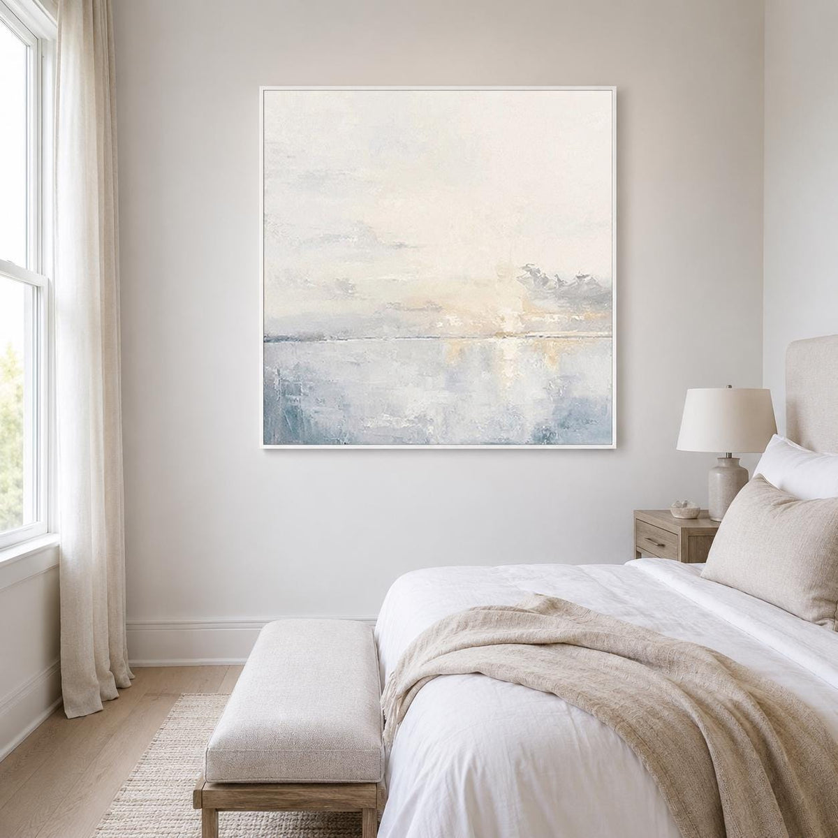 Large Ocean Sunset Wall Art Soft Blue Seascape Canvas Painting for Living Room Decor