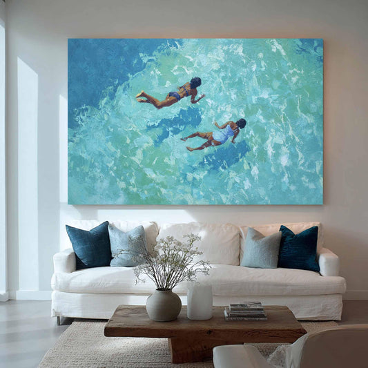 Two Ocean Swimmers Wall Art Turquoise Water Canvas Painting for Coastal Living Room Decor